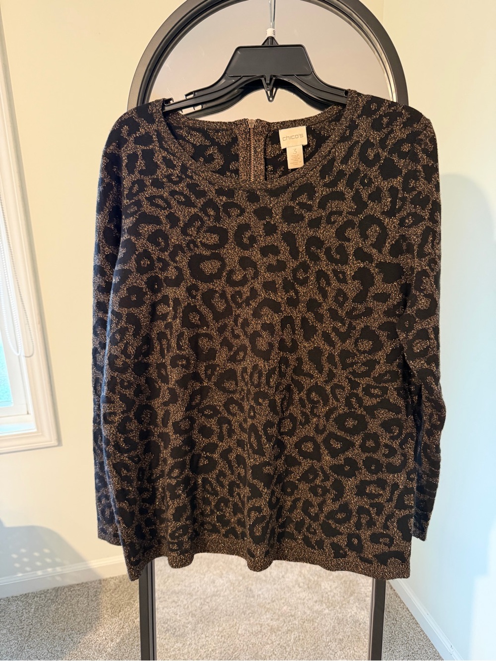 Chico's Black Sweater with Metallic Gold Leopard Print